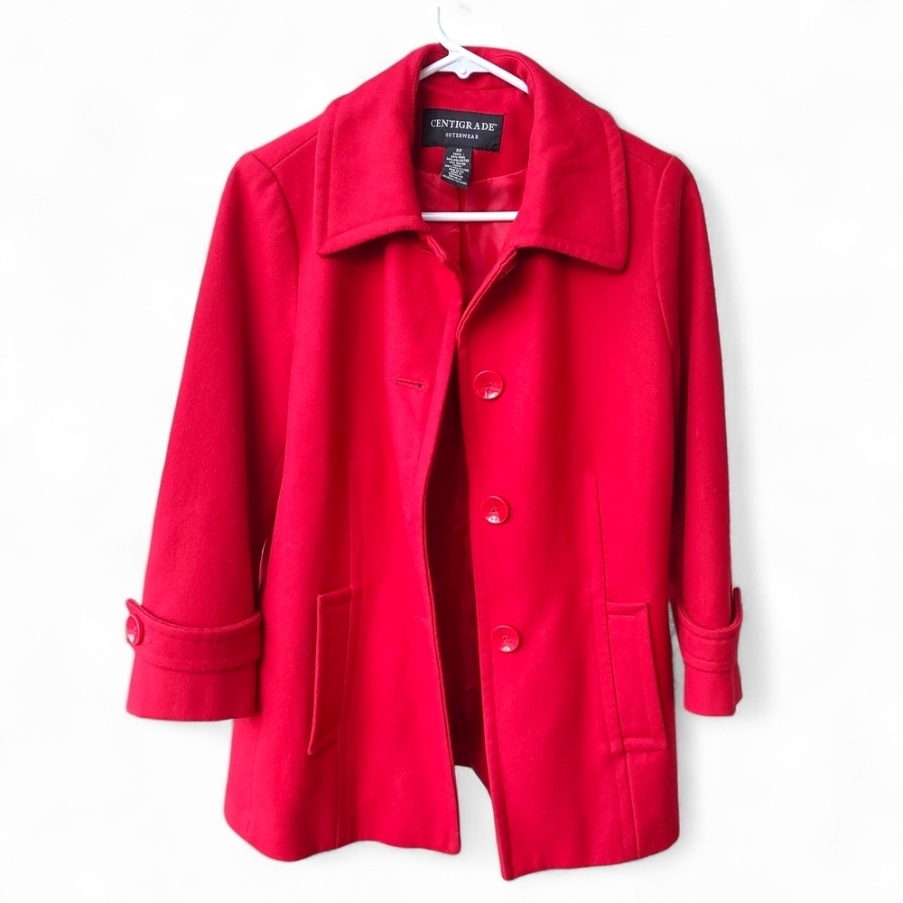 Centigrade Vibrant Red Wool-Blend Single Breasted Button-Up Pea Coat Size XS - Picture 3 of 13